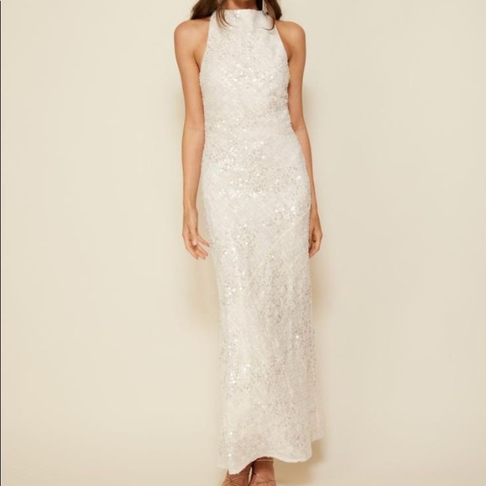 Pippa & Pearl Chantel Ivory Sequin Textured Criss Cross Maxi Dress, size L, NWT